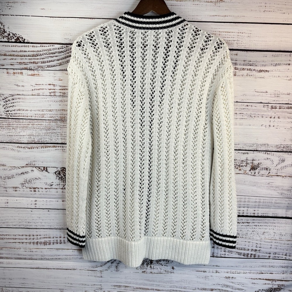 Preppy Tennis Cardigan L Loose Knit Sweater Pockets White Black V-Neck Pointelle - Picture 4 of 6
